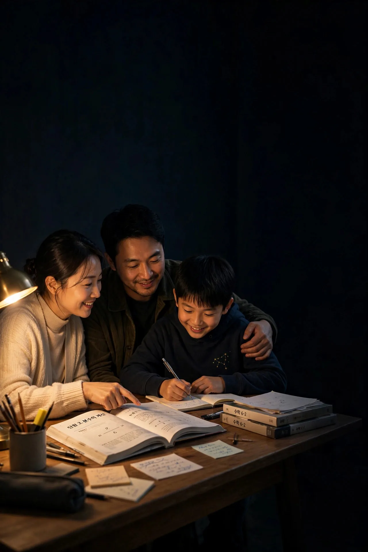 爸爸妈妈和孩子在灯下温馨地一起学习